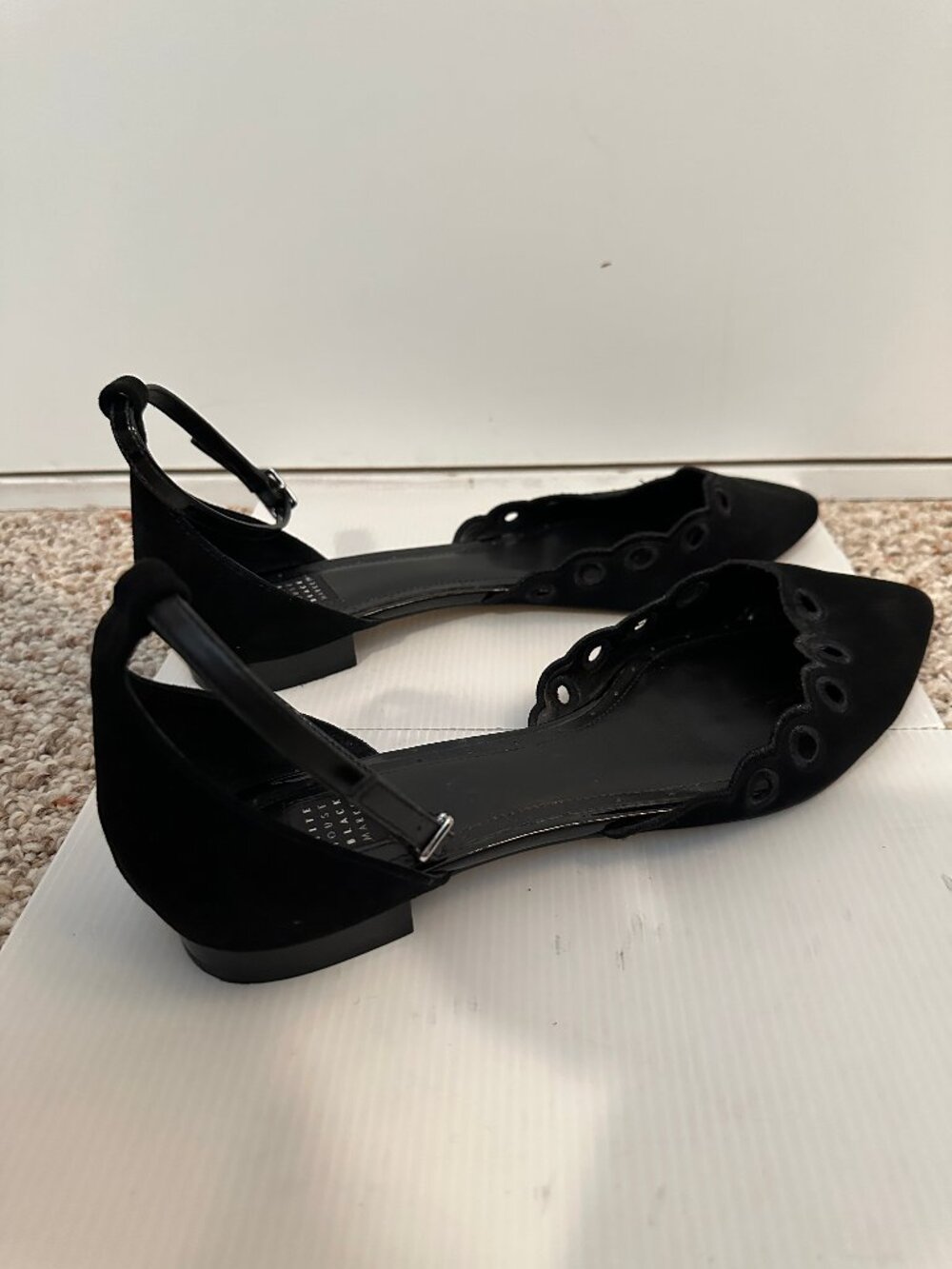 White House Black Market Black Suede Scalloped Pointed Toe Flats 9.5